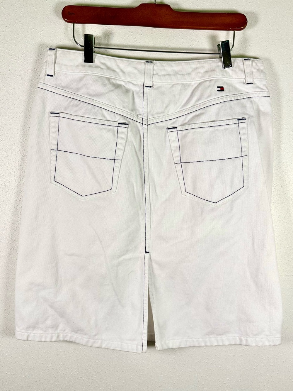 Tommy Hilfiger White Denim A Line Skirt Navy Contrast Stitch Size 10